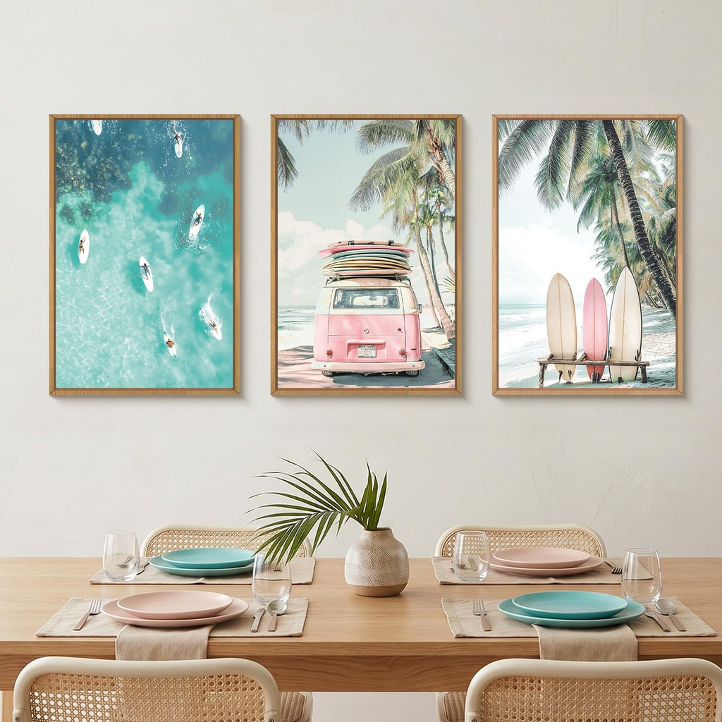 Summer Surfboard Beach Framed Canvas Wall Art Set,Modern Ocean Surfing Seascape Wall Decor,Coastal Bus Coconut Tree
