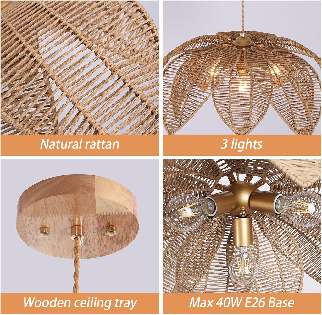 Farmhouse Chandeliers for Dining Room, 3-Light Rattan Boho Chandelier Light Fixture Hand Woven Wicker Pendant Light