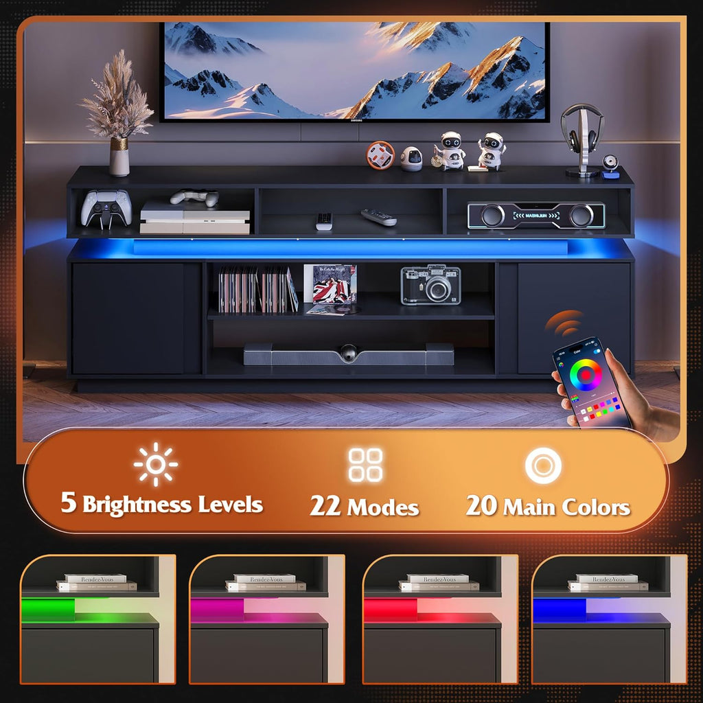 68" Tall TV Stand for 75 Inch TV, Modern Entertainment Center with RGB LED Lights & Storage Cabinets, Media Console