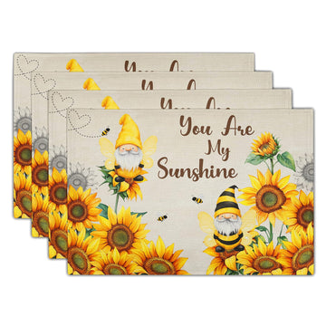 Bee Gnomes Placemats Set of 4, 12x18 Inch Vintage Summer Sunflowers Linen Place Mat, Sunshine Floral Heat Resistant