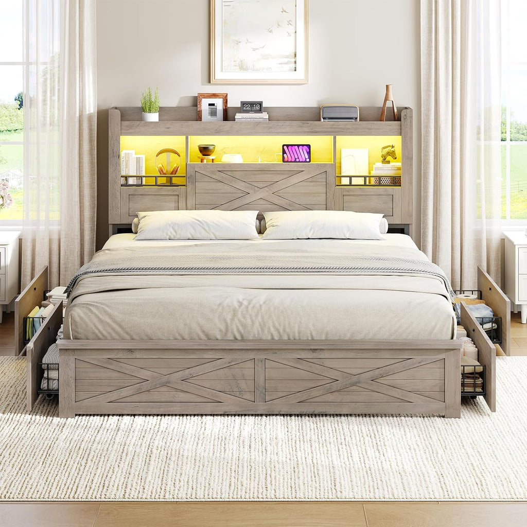 Farmhouse Full Bed Frame with Flip-Down Bookcase Storage Headboard and 4 Drawers, Rustic Wood Platform Bed Frame Full