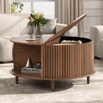 31.5" Round Coffee Table with Storage, Walnut