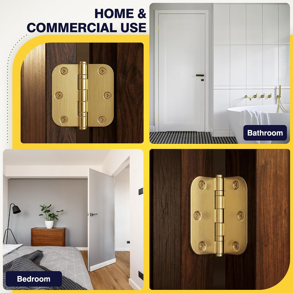 Ball Bearing Gold Door Hinges, 3.5 Inches Heavy Duty Stainless Steel Door Hinges, 5/8'' Radius Corner Hinges