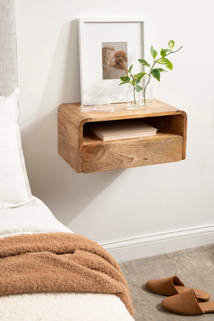 Kato Transitional Wood Floating Side Table with Drawer, 18 x 10 x 9, Natural Brown, Modern Wooden Floating Nightstand