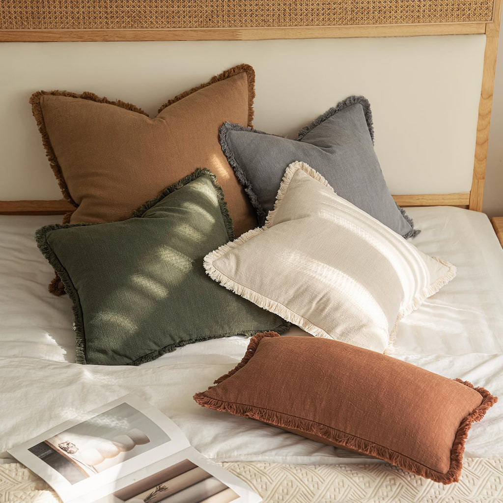 Decorative Throw Pillow Covers Neutral Linen Fringe Throw Pillows Set of 2 Olive Green Boho Farmhouse Cushion Covers