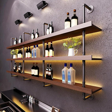 47.2in Wall Mounted Wine Rack with LED Light Solid Wood | 3-Tiers Liquor Bottles Floating Shelves Display Storage
