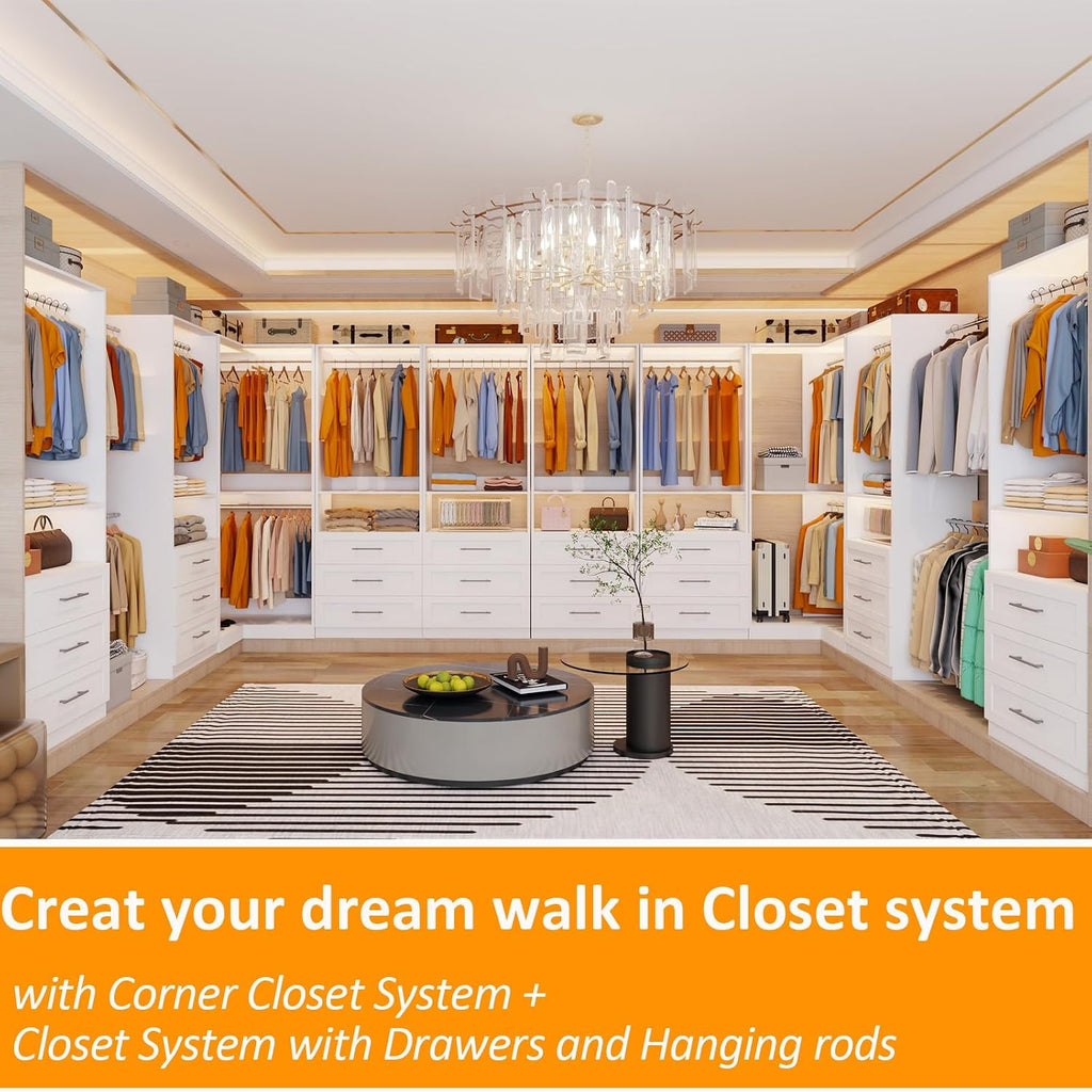 Closet System with 3 Wooden Drawers, 4.5-6FT Corner Closet Organizer System for Walk in Closet, Heavy Duty Modular