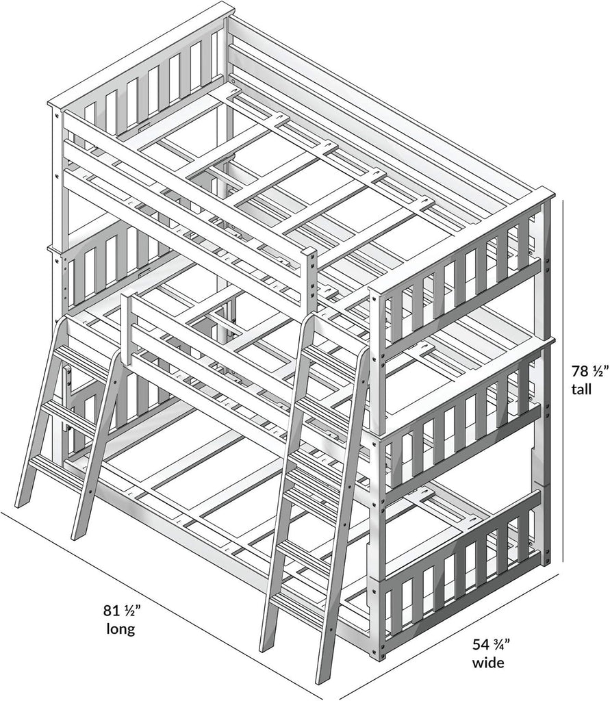 Triple Twin Bunk Bed, Solid Wood Bed Frame For Kids, No Box Spring Needed, Easy Assembly, White