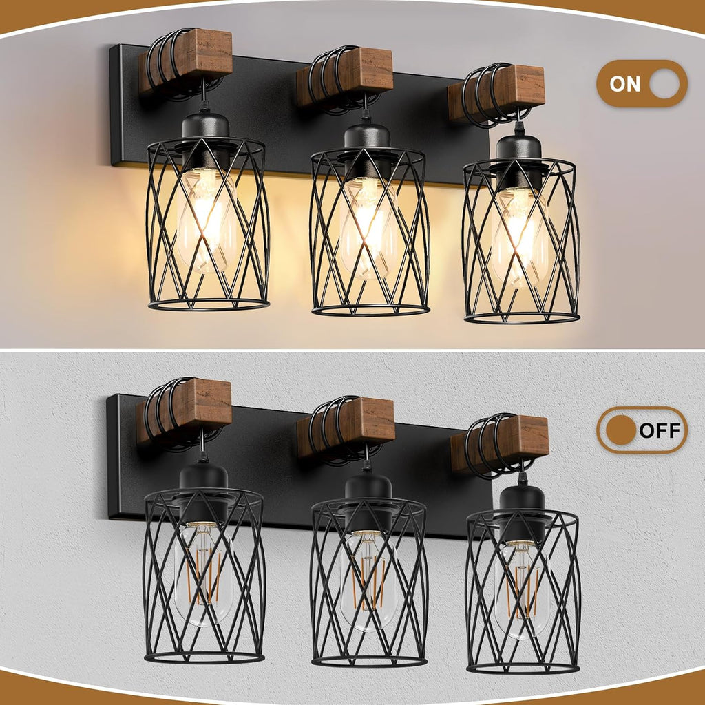 Farmhouse Bathroom Vanity Light, 3-Light Wood Bathroom Light Fixtures Over Mirror, Black Industrial Vanity Lights