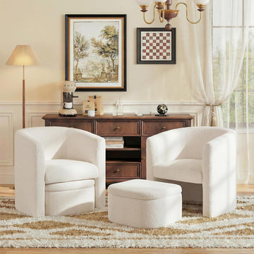 Morden Velvet Barrel Accent Chair with Storage Ottoman Set of 2, Upholstered Living Room Side Chair, Single Sofa