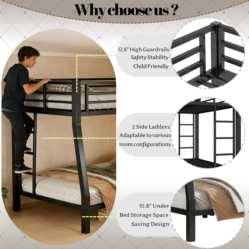Metal Full XL Over Queen Bunk Bed with High Guardrail & Under-Bed Storage
