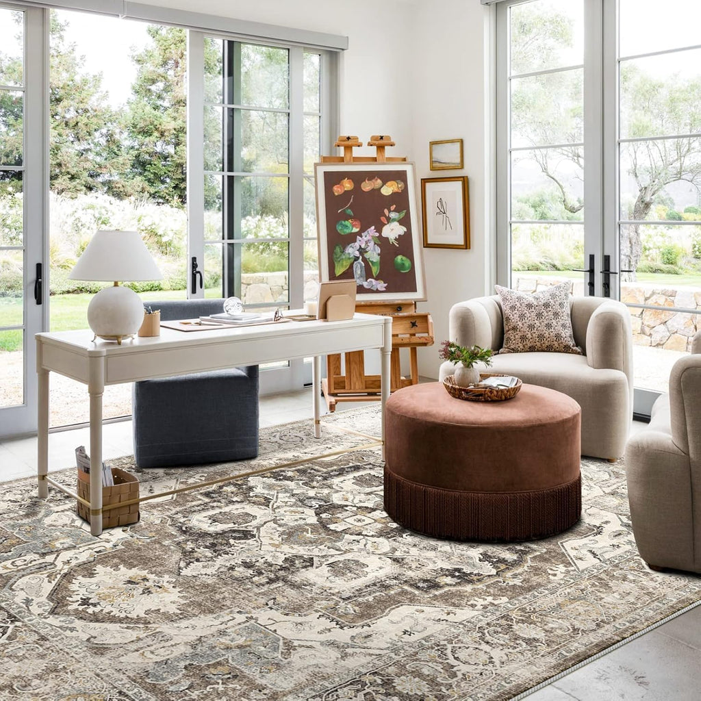10x14 Washable Area Rug - Large Vintage Non-Slip Rugs Bedroom Soft Low Pile Stain Resistant Carpet Indoor Boho Floor