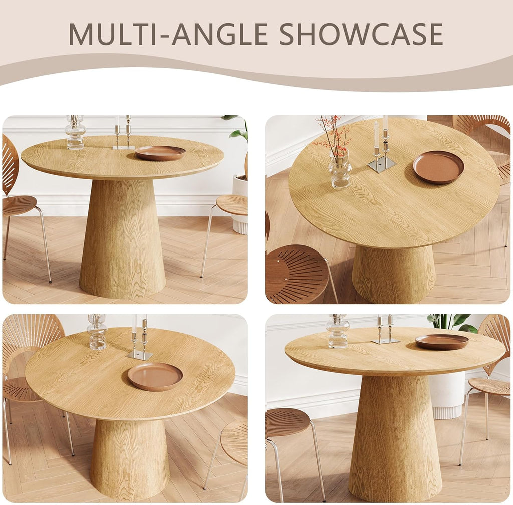 43" Round Dining Table for 4, Modern Natural Wood Grain Dining Table with Cone Wood Pedestal Base, Circle Dining Room