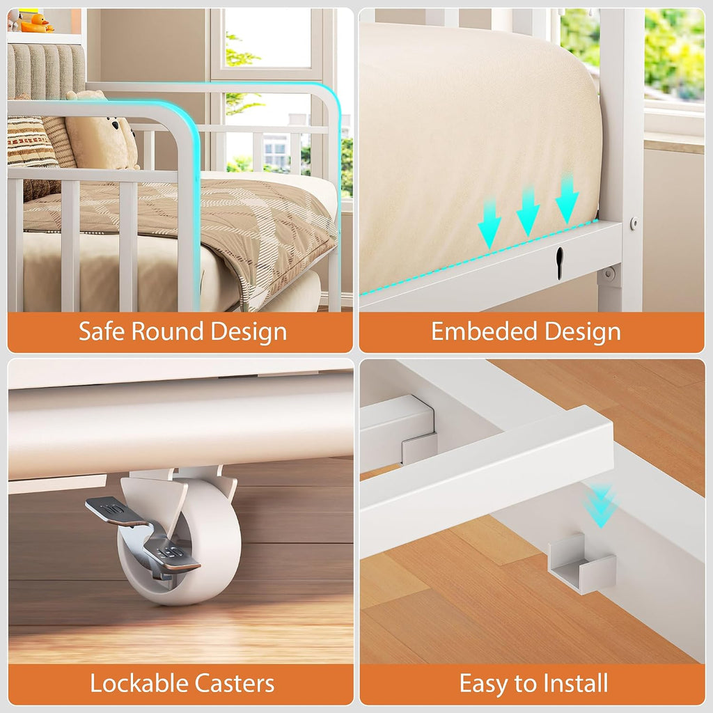 Daybed with Trundle and LED Light, Heavy Duty Metal Full Bed Frame with Upholstered Storage Headboard & Charging