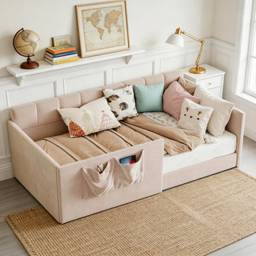 Twin Daybed Velvet Upholstered Sofa Bed with High Guardrail and Side Entrance, Space-Saving Twin Floor Day Bed with