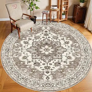 Washable 8ft Round Area Rug: Living Room Oriental Non Slip Ultra Soft Rugs
