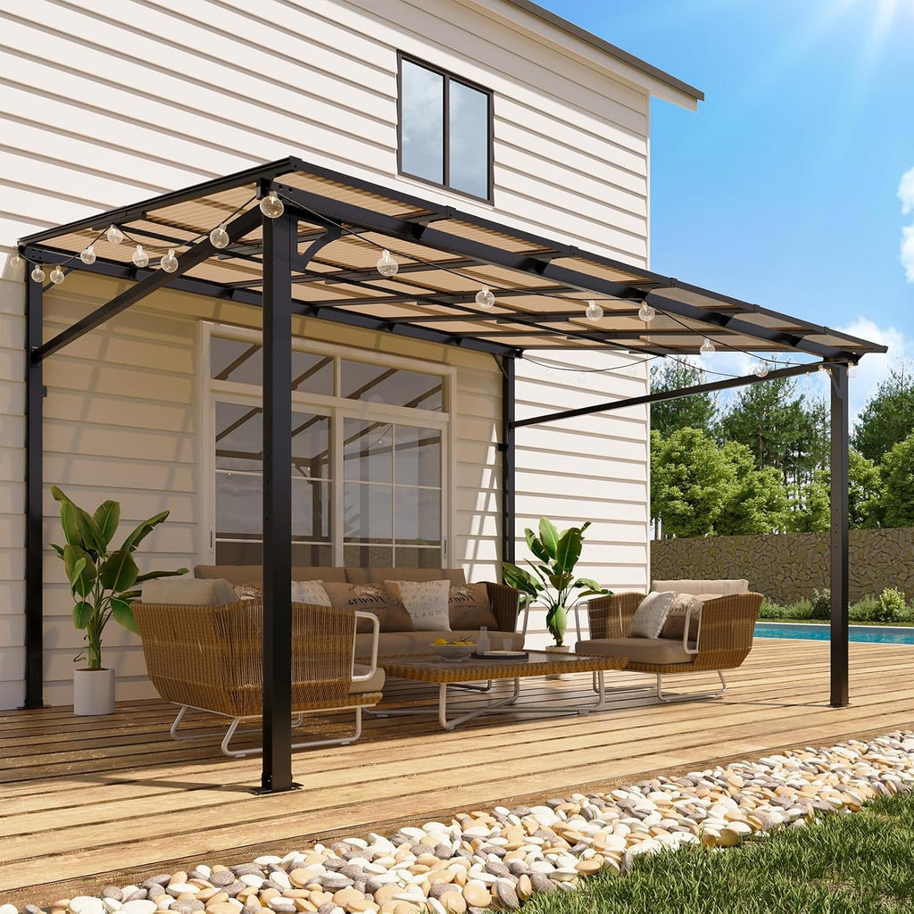 10x12ft Lean to Metal Pergola Gazebo with Hardtop Polycarbonate Roof, Wall Mounted Outdoor Pergolas for Patios
