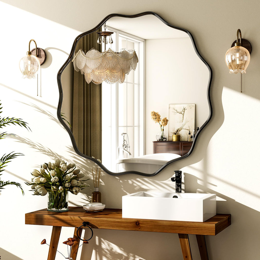 Black Scalloped Circle Mirror, 36" Wavy Edge Round Wall Mirror