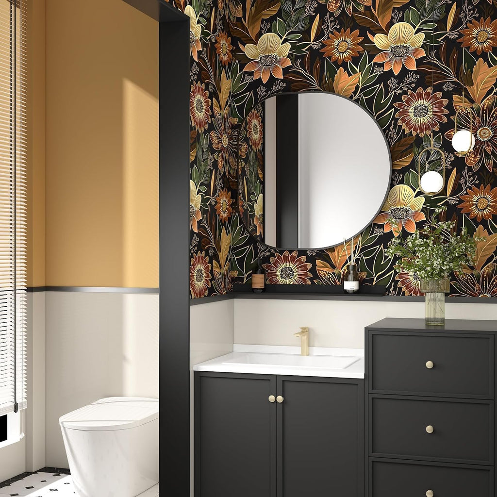 Boho Dark Black Gold Floral Wallpaper Peel and Stick 17.5"x393" | Self Adhesive/Removable/Waterproof/Thick Vinyl