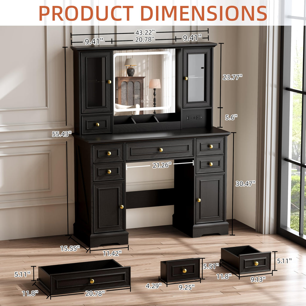 Vanity Desk with Mirror & Lights, Makeup Vanity with Power Outlet & USB Ports, Farmhouse Dressing Table, 6 Drawers &