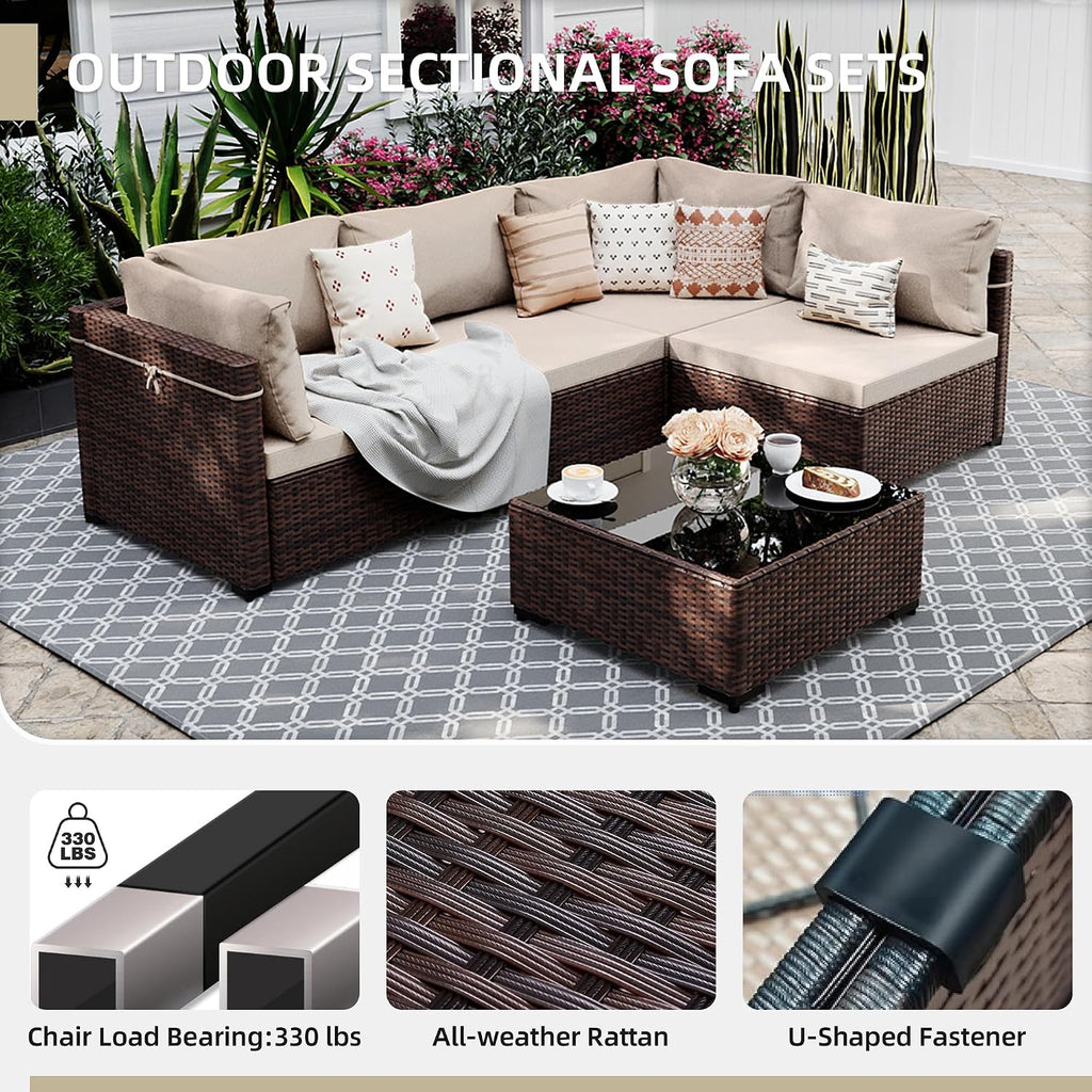 5-Piece Wicker Patio Furniture Set with Coffee Table, Beige | Outdoor sectional sofa set, patio conversation set for