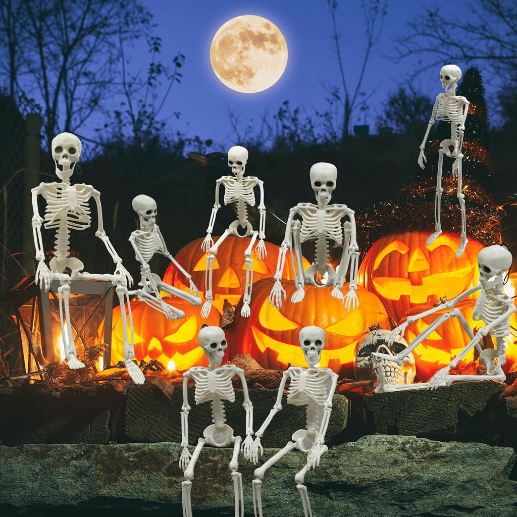 Halloween Skeleton Decorations, 16" Small Poseable Full-Body Skeletons with Movable Joints, Hanging Plastic - Set of 8