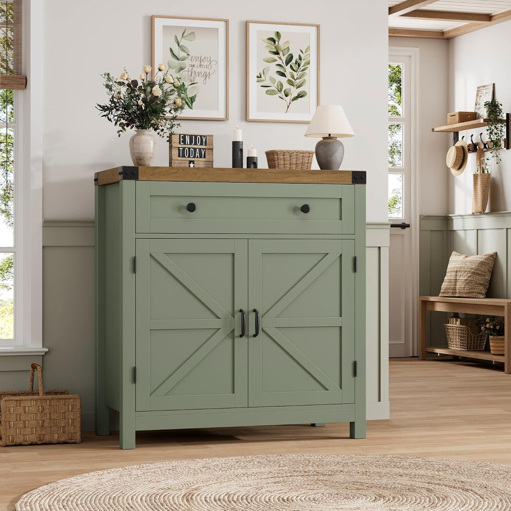 31.5"W Kitchen Storage Cabinet, Farmhouse Coffee Bar Cabinet, Green | Small Buffet Cabinet with Doors & Wide Drawer