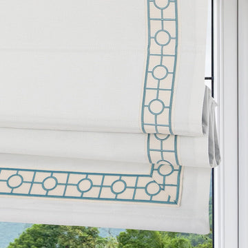 Cordless Roman Shades, Blackout Roman Shades, White Embroidered Blue Border Window Shades for Windows, Doors, Kitchen