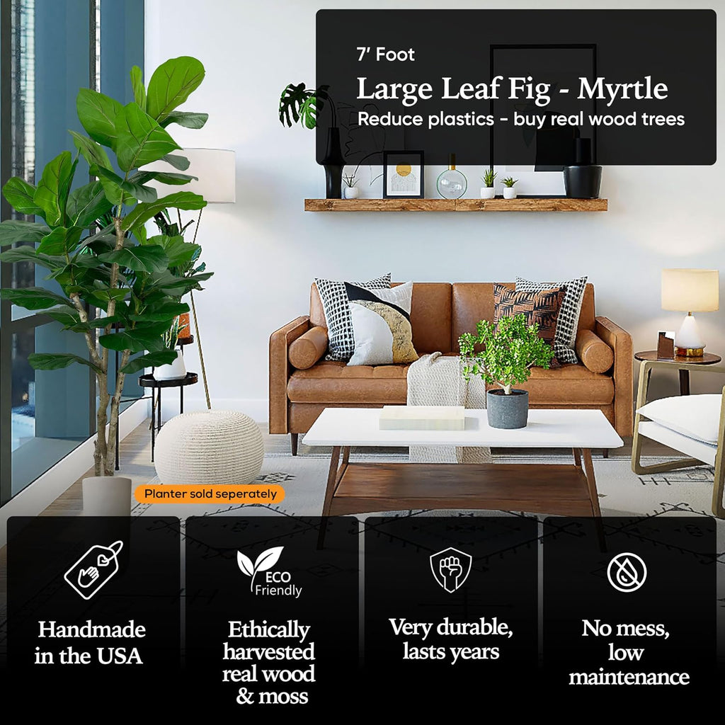 Handmade 7ft Oversized Fiddle Leaf Fig Ficus Lyrata Artificial Tree with Ethically Sourced Real Wood Trunks