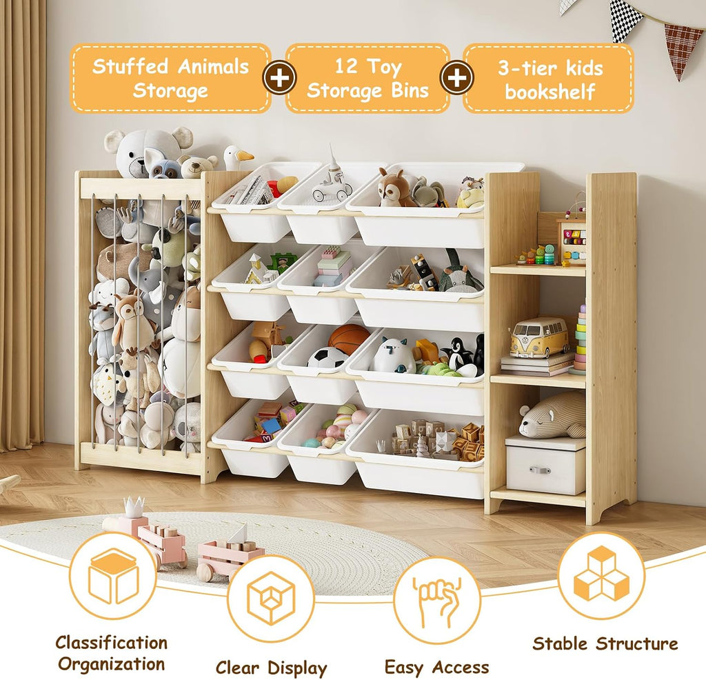 3-in-1 Toy Storage Organizer, Stuffed Animal Holder & 3-Tier Bookcase, Solid Wood Toy Organizer with 12 Storage Bins