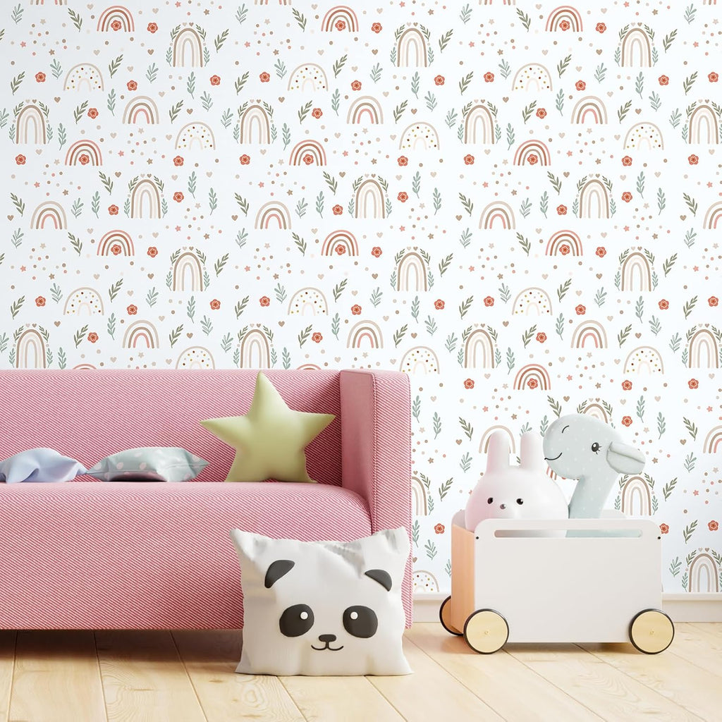 12''x472'' Rainbow Wallpaper Peel and Stick Boho Wallpaper Colorful Flower Leaf Wall Paper for Kids Room Nursery Self