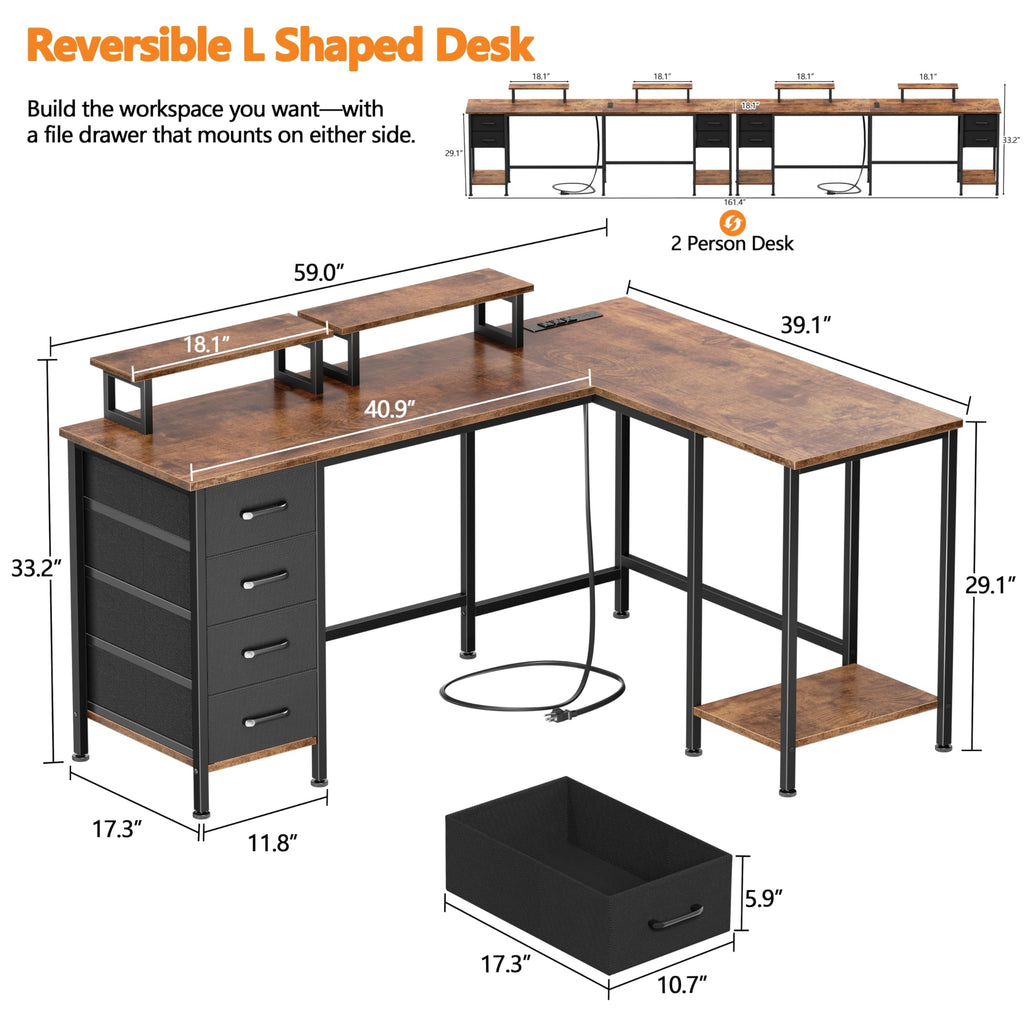 59 inch L Shaped Computer Desk with Power Outlets, Rustic Brown