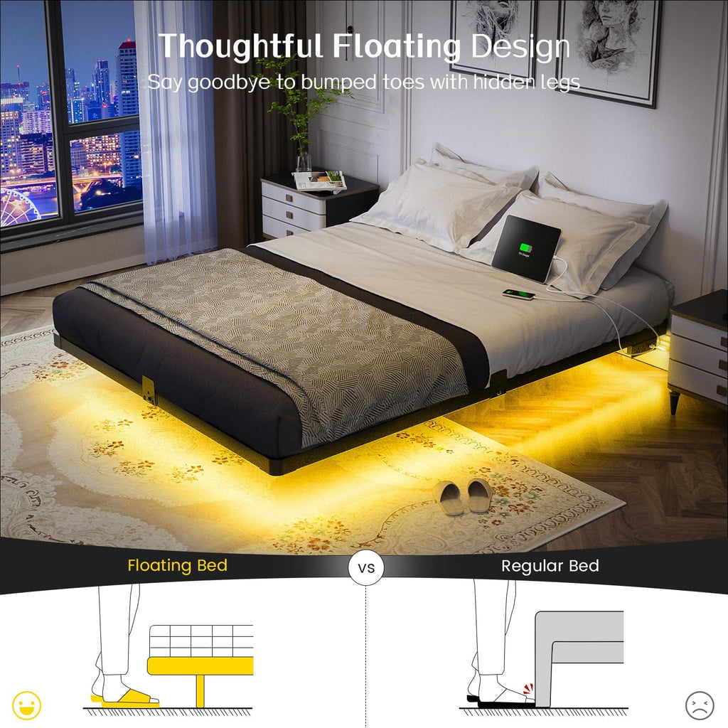 Floating Bed Frame Full with Smart LED Lights and Charging Station