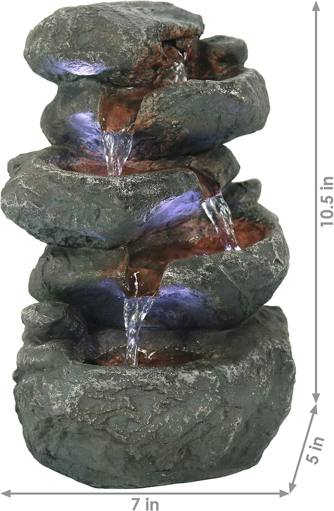 Tabletop Water Fountain - Stacked Rocks 10.5 Inch Relaxing Desktop Water Fountain with LED Lights