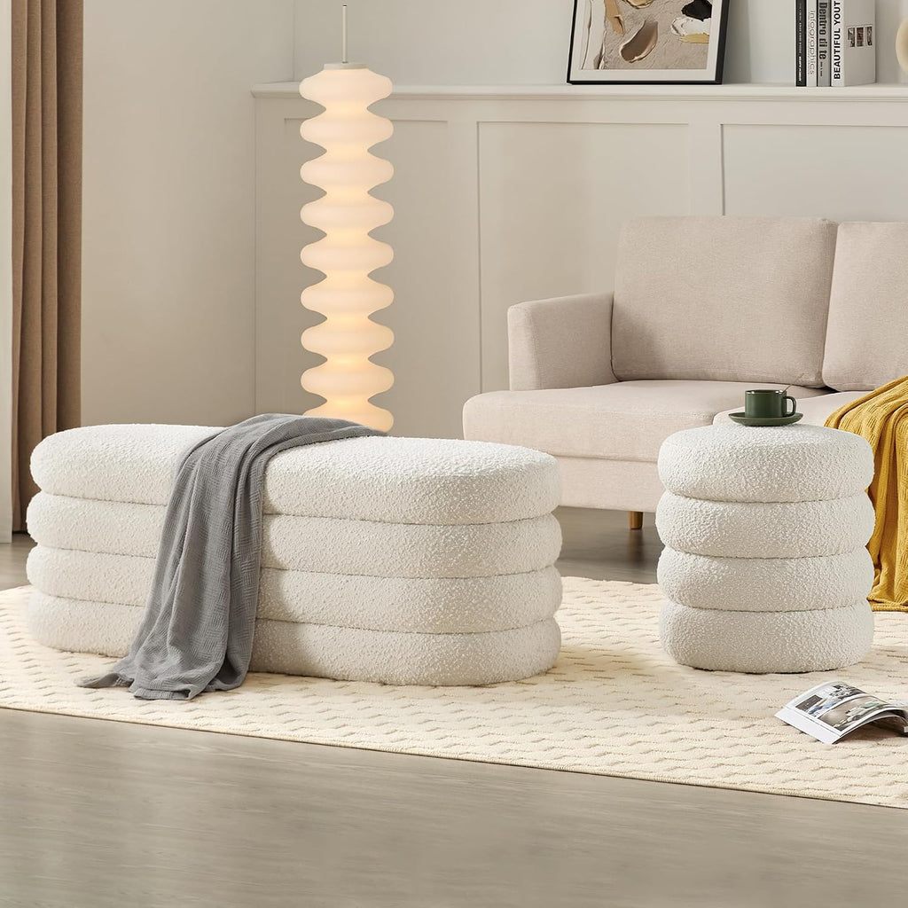 Storage Ottoman Bench 49.2 Inch Upholstered Fabric Storage Bench End of Bed Aesthetic Large Oval Ottoman Entryway