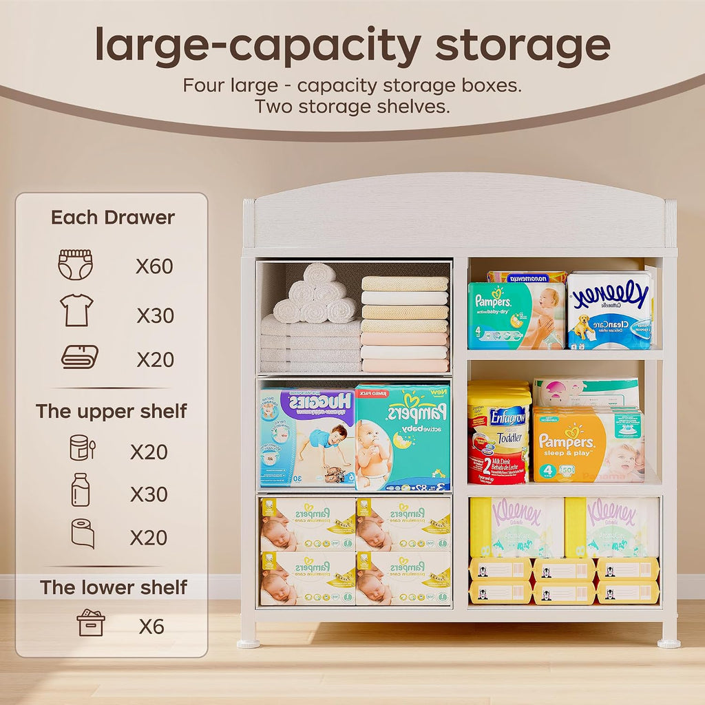 Baby Changing Table with 4 Drawers and 2 Shelves - Baby Dresser with Changing Table Top Diaper Changing Station with