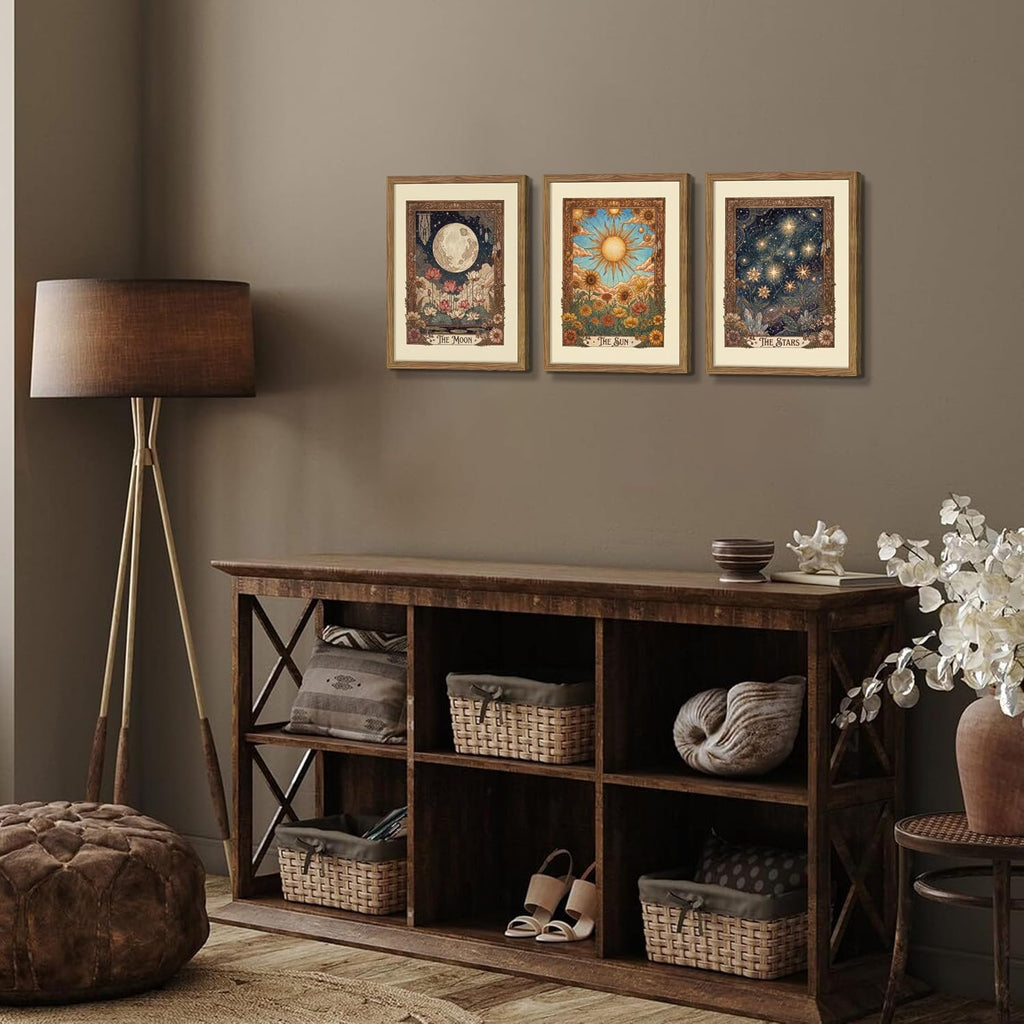 Tarot Card Wall Art Set of 3, Boho Floral Moon and Stars Canvas Wall Decor Painting, Vintage Sun And Moon Celestial