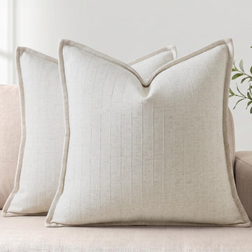 24x24 Linen Pillow Covers Beige Pack of 2 Farmhouse Boho Neutral Accents Striped Textured Square Decorative Throw