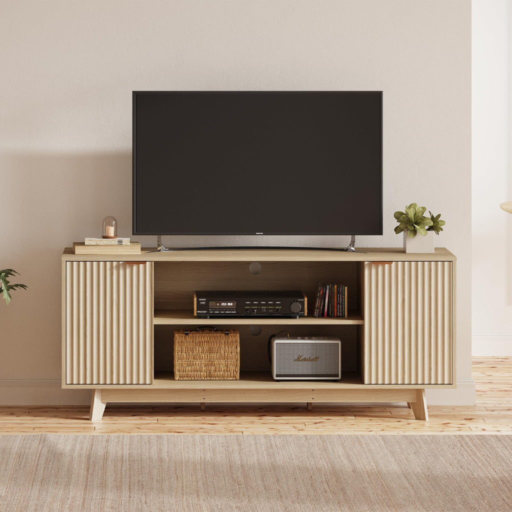 59" Fluted TV Stand for TVs up to 65", Oak Storage Console