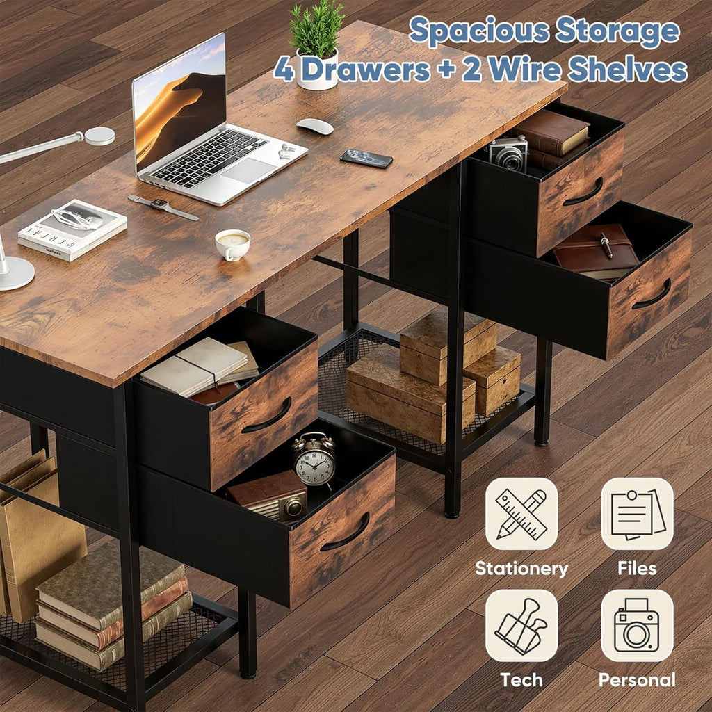 Computer Desk 55 Inch with 4 Drawers Home Office Table with Mesh Shelf for Work Study Writing Gaming Storage Furniture