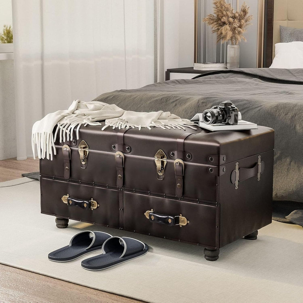Vintage Storage Bench, Upholstered Wooden Ottoman Chest Box, Brown