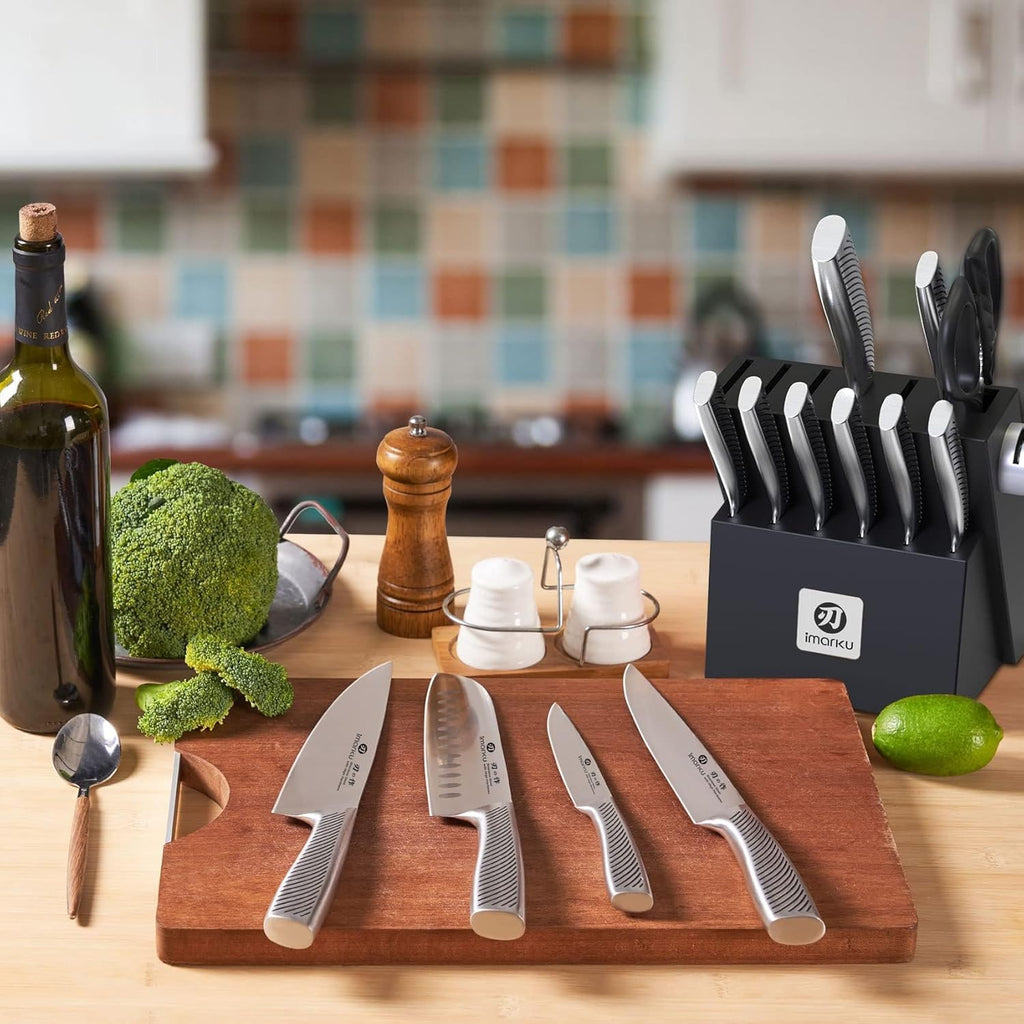 14-Piece Knife Block Set, Knife Set with Block and Build-in Sharpener, Japanese Stainless Steel Knife Set for Lasting