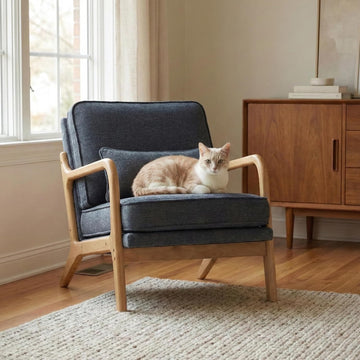 Modern Accent Chair Mid Century Wooden Upholstered Armchair with Lumbar Pillow & Removable Soft Cushion, Reading