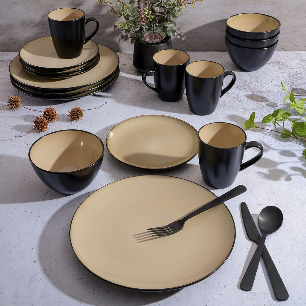 Soho Lounge 16-Piece Round Reactive Glaze Stoneware Dinnerware Set, Service for 4 - Taupe Plates and Bowls