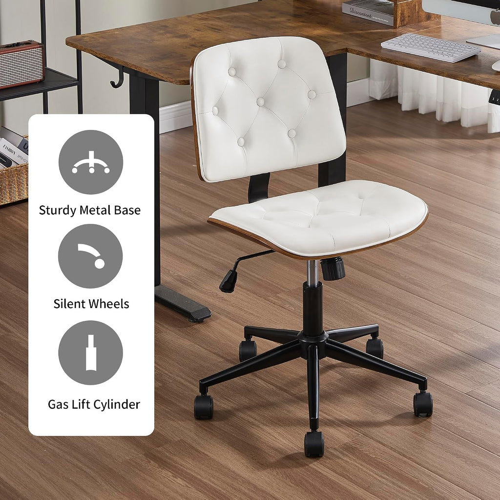 Small Home - Armless Mid Back Desk Chair with 360° Swivel and Wheels, PU Upholstered Height Adjustable Modern Walnut