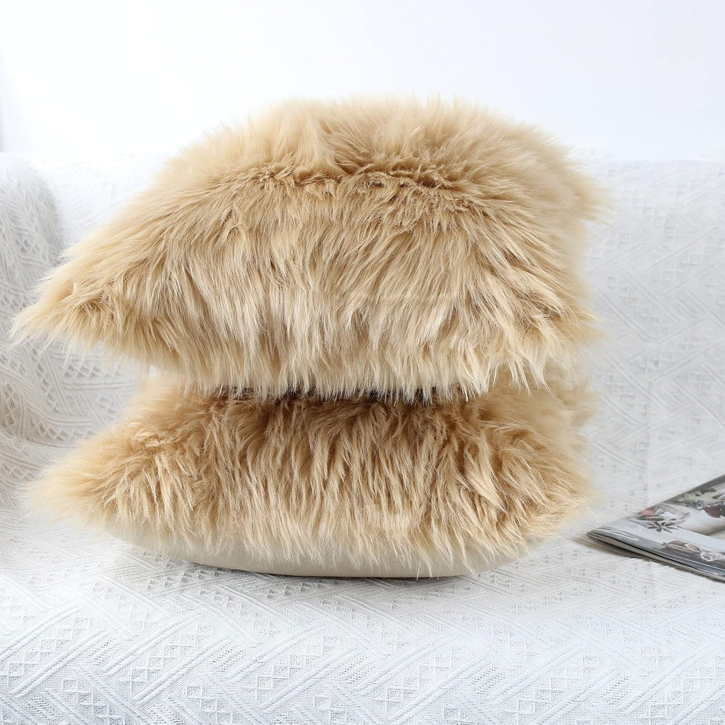 Fluffy Decorative Throw Pillow Covers Beige 20×20, Faux Fur Farmhouse Luxury Pillow Cases,Soft Plush Fuzzy Cushion