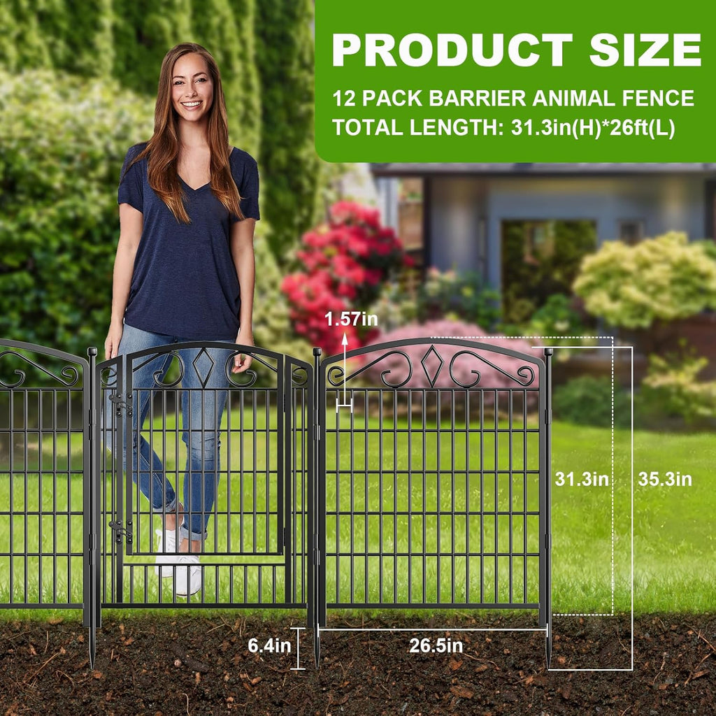 12 Panels No Dig Decorative Garden Fence with Gate, 31.3in(H) x 26ft(L) Rustproof Animal Barrier Metal Dog Fence