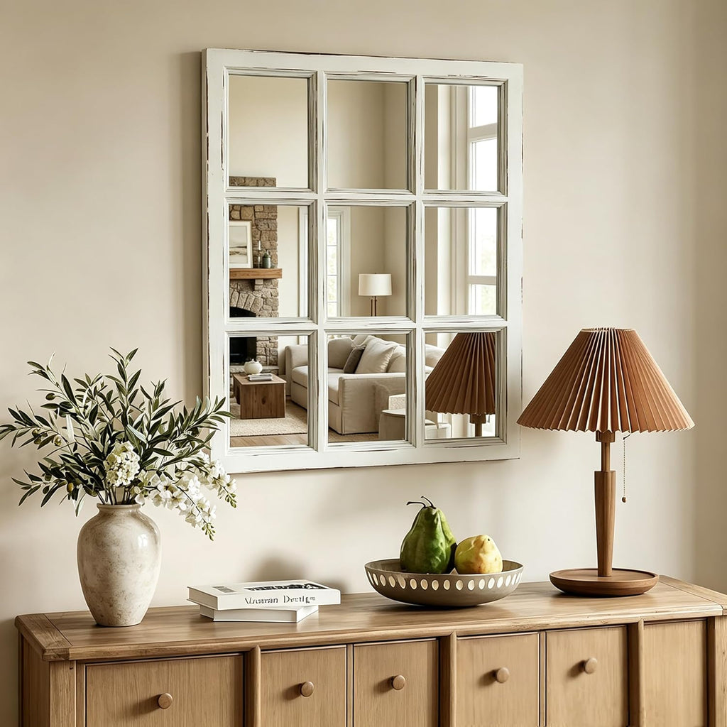 Wall Mirror Decor Farmhouse - Rustic White Window Pane Mirror Wall Decor, Rectangle Wood Mirror , Fireplace,Mantel