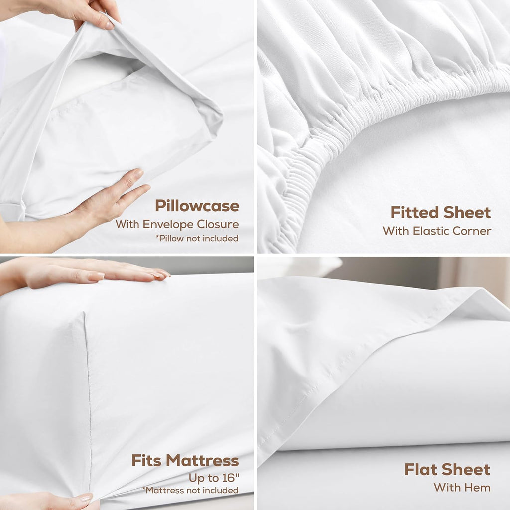 Twin Sheets Set, 3 Pieces 16" Deep Pocket Hotel Luxury Bed Sheets, White - Set of 3