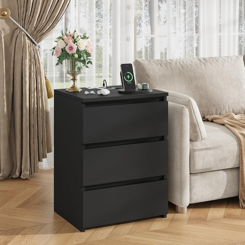 Nightstands Set of 2, 26" H Tall Black Night Stand with Charging Station & 3 Drawers, Modern Bedside Table Set 2 with